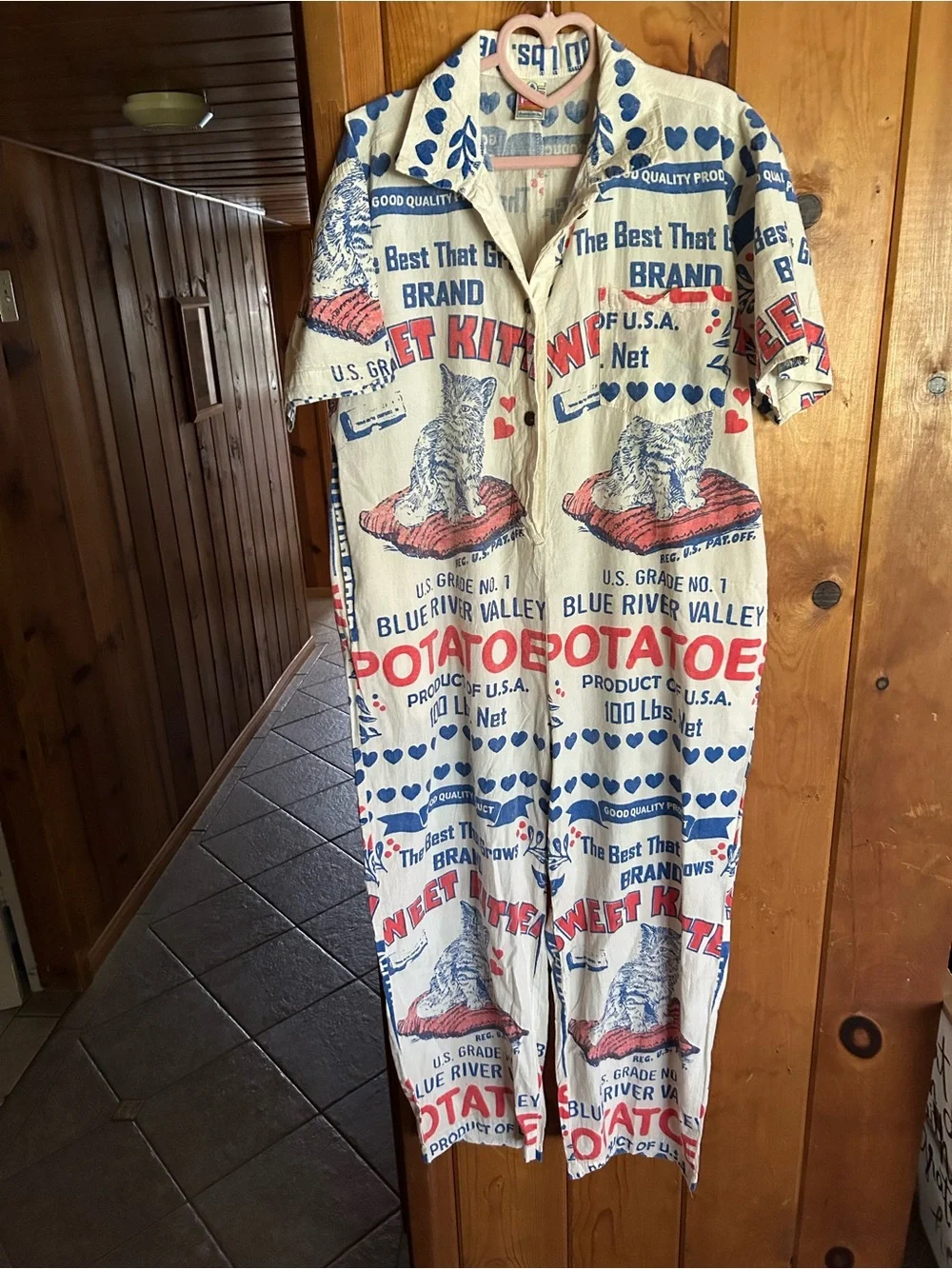 Vintage Sweet Kitten Cat Print Potatoes Short-Sleeve jumpsuit - Cream/Red/Blue